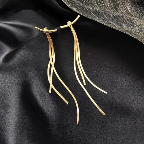 Vintage Gold Color Bar Long Thread Tassel Drop Earrings For Women Glossy Arc Geometric Korean Earring Fashion Jewelry 2021 New