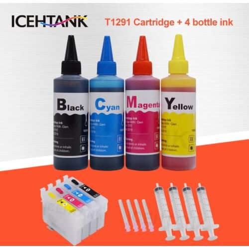 ICEHTANK Refillable Ink Cartridge For Epson T1291 Stylus SX420W SX425W SX525WD BX305F Cartridges + 100ml Printer Refill Dye ink