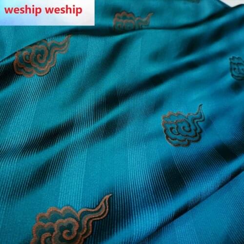Brocade jacquard Peacock blue with coffee clouds Satin silk fabric Satin de soie Satén шелк hanfu cloth DIY patchworkbag