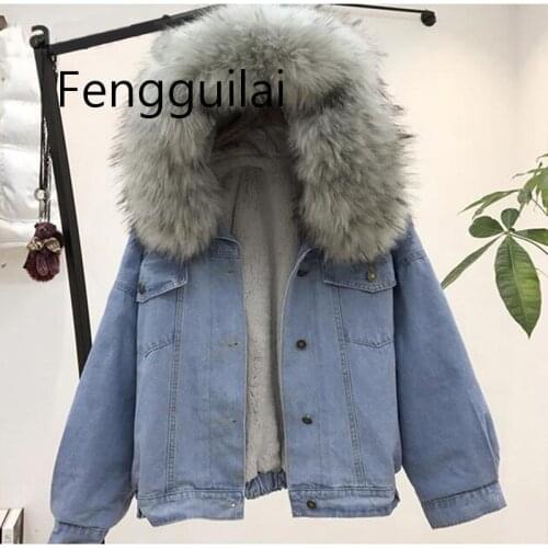 FENGGUILAI Women Jean Jacket Winter Thick Jean Jacket Faux Fur Collar Fleece Hooded Denim Coat Female Warm Denim Outwear