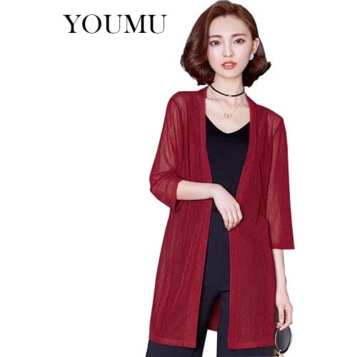 Women Summer Thin Coat Long Multicolors Solid 3/4 Sleeve Sunscreen Open Stitch Cardigan Jacket Slim Casual Fashion 912-293