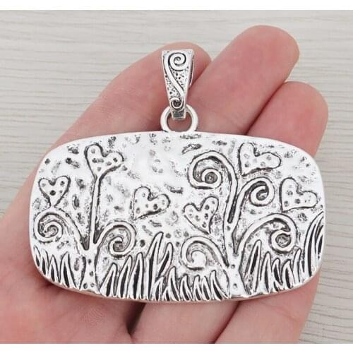 10 x Tibetan Silver Large Rectangle Hammered Flower Grass Plant Charms Pendants for Necklaces Jewelry Making Findings 66x47mm