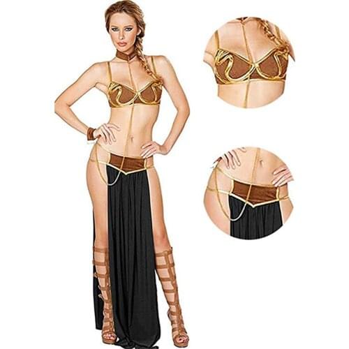 2021 Halloween Medieval Party XXL Sexy Carnival Cosplay Princess Costumes Dress Gold Bra and Neckchain Egyptian Goddess Costume