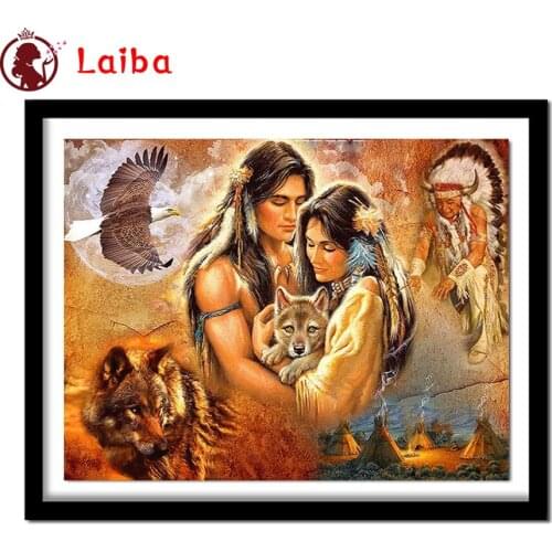Diamond Embroidery Indian woman couple wolves Full Square round Diamond Mosaic Rhinestones Art Painting Cross Stitch Wall Decor