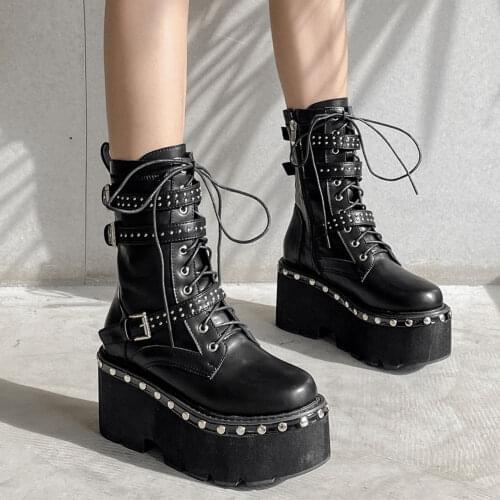 Brand Stylish Rivets Black Gothic Skidproof Platform Block Heels Buckles Cool Motorcycles Combat Boots Jungle Boots Shoes Women
