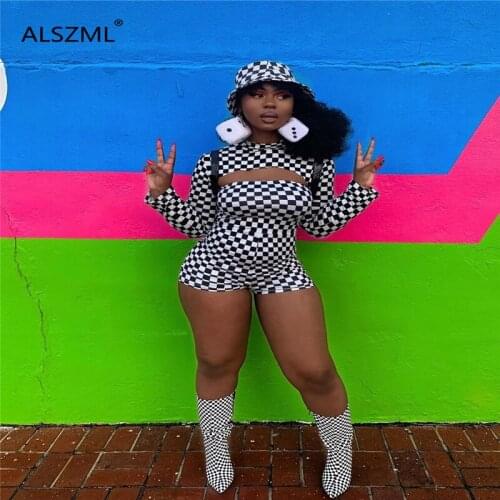 Black white grid o neck long sleeve sheath bodysuits t sexy tight club party lady fashion skinny jumpsuits