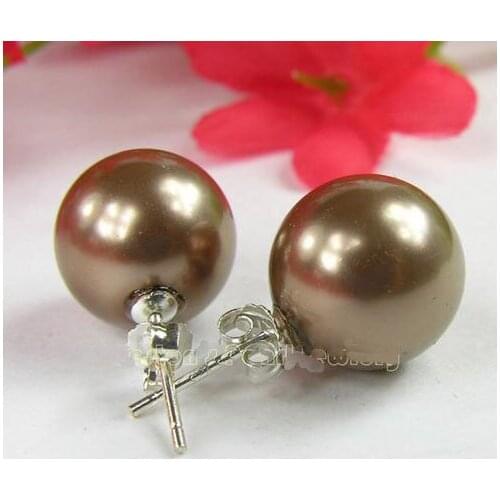 Hot Sale 12MM Coffee Color Sea Shell Pearl Stud Stick Earrings S925 Stering Silver Hook Fine Jewelry Nice Lady Gift