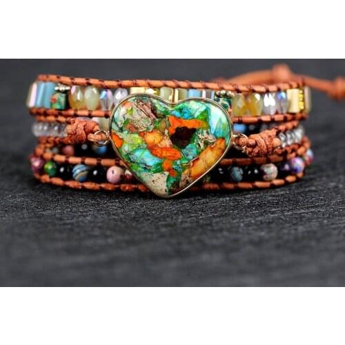 Colorful Heart-shaped Stone Bracelet King Pine Hand Woven Multilayer Leather Bracelet Goddess Bracelet Gift Love Bracelet
