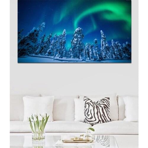 Lapland finland winter snow forest night northern lights living room decor home wall art decor wood frame fabric poster KG775