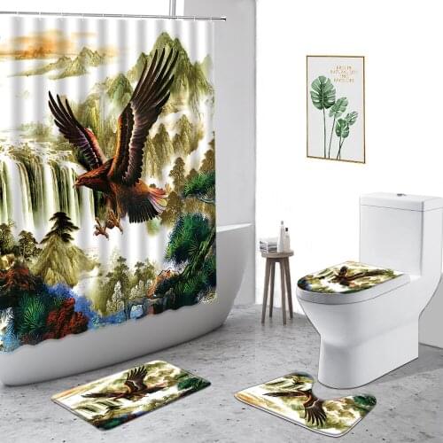 Flying Eagle Shower Curtain Chinese Mountain Water Landscape Animal Oil Painting Bathroom Decor Set Non-slip Carpet Toilet Cover