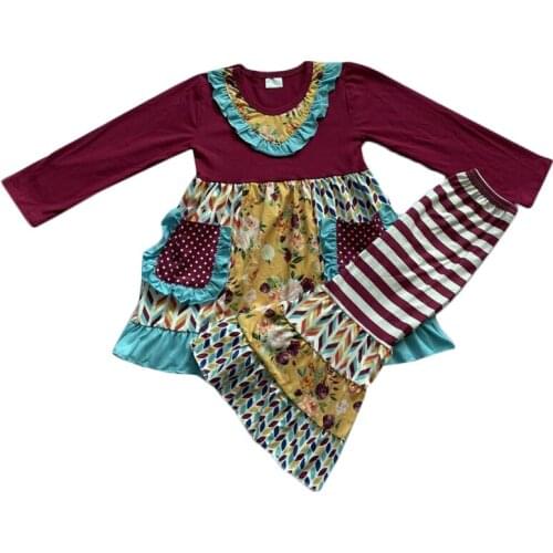 Best selling little girls sets flower print top stripe bell bottom childrens clothing