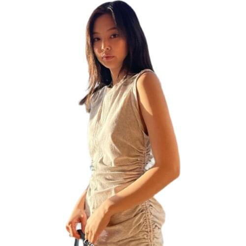 Kpop IU Seo Yea Ji Off Shoulder Sexy Party O Neck Drawstring Sleeveless Mini Dress Club Tank Bodycon Short Women Summer Dresses