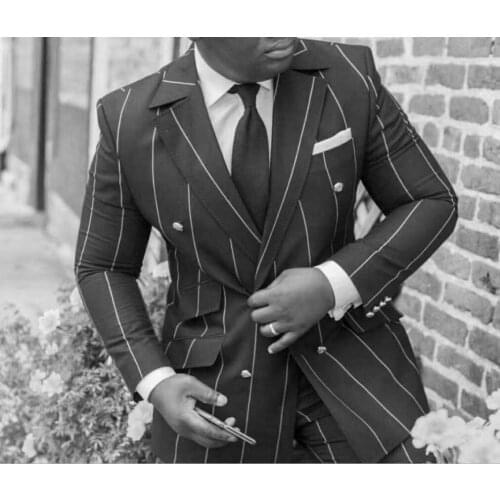 Tailored Wide vertical stripe black double breasted suits men groom wedding slim fit formal Blazer pointed lapel jacket + pants