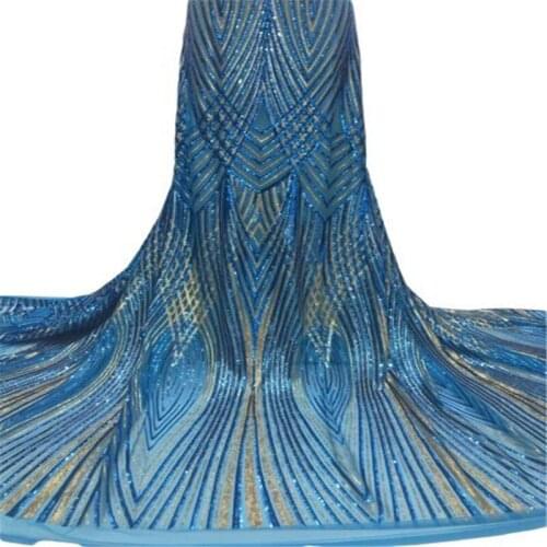 Sky Blue Hot Sale Nigeria Sequin Lace Fabrics Best Quality African French Tulle Mesh Lace Fabric for Bridal Material 5Yards