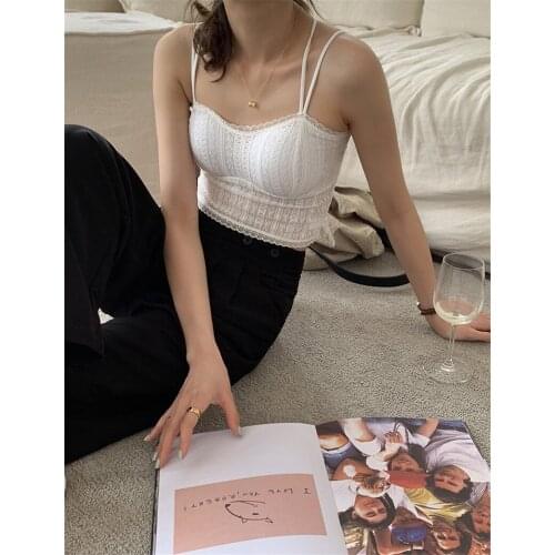 LMQ NEW Lace Camisole Women Summer 2021 Ins Inside Outside Wear Beautiful Straps Chest Pad Black White Bottoming Underwear