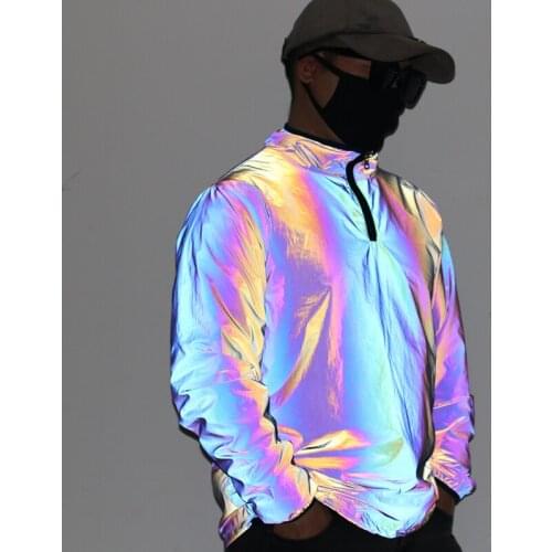 New 2021 autumn winter colorful reflective jackets men stand collar pullover jacket mens night reflect night light hip hop coats