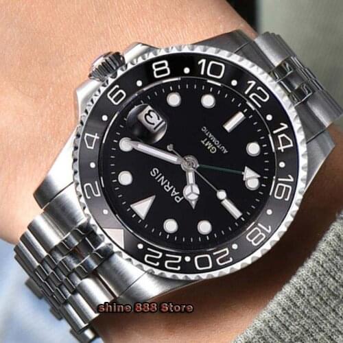 Parnis 40mm black dial GMT Mechanical Watch Sapphire glass automatic mens watch high quality luminous date