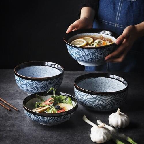 Hand Painting Large Blue Ceramic Ramen Bowl Soup Salad Plate Japanese Noodle Dish Kitchen Mixing Bowls Tableware Eco-Friendly