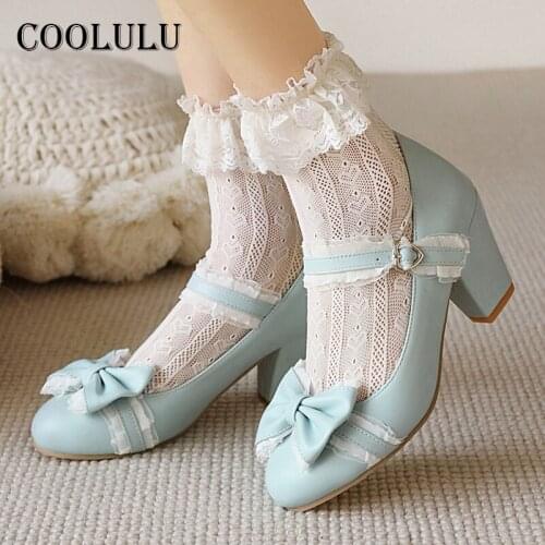 COOLULU Lolita Style Mary Janes Shoes Women High Heels Chunky Heel Dress Pumps Bow Buckle Ladies Footwear Cosplay White Size 48