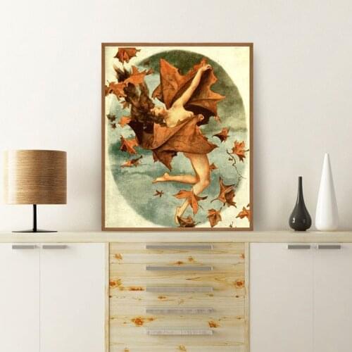 Vintage Autumn Leaves Lady Art Ephemera Canvas Poster Beautiful Sexy Woman Painting Retro Wall Art Print Farm Decoration Picture