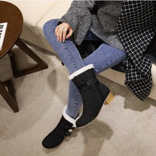 Women Denim Booties Winter Warm Wool Chunky Heel Boots Female Buckle Strap Round Toe Boots 2021 New Ladies Shoes