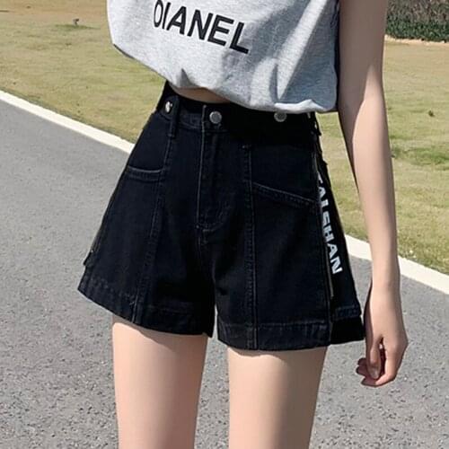 Zoki Women Denim Shorts Summer Fashion Pattern Zipper Female Jeans High Waist A Line Black Slim Streetwear Wide Leg Shortss New
