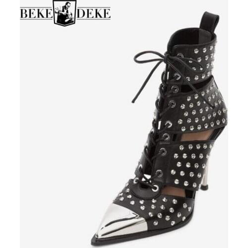 Runway Women Sexy Metal Pointed Toe Stilettos Super High Heels Shoes Lace Up Rivets Sandals Hollow Out Punk Real Leather Sandals