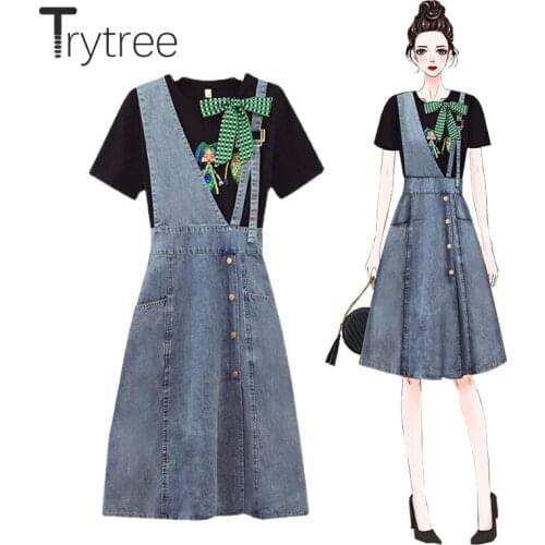 Trytree 2021 Summer Women Two Piece Set Casual Embroidery Cartoon Tops + Asymmetry Sling Denim Skirt A-line Pockets 2 Piece Set