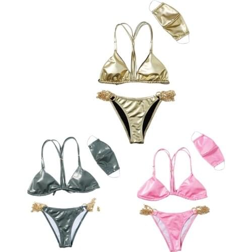Women Sexy Shiny Metallic Faux Leather Bikini Set with Face Mask Chain Swimsuit
