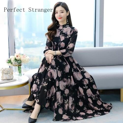 2021 Spring Summer New Arrival M-4XL Stand Collar Long Sleeve Flower Printed Women Chiffon Long Dress