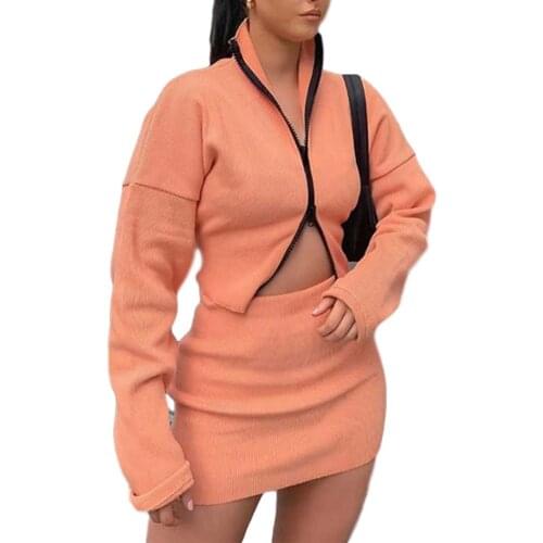 Winter 2 pieces sets outfits Women sexy party Casual Double Zipper Skirt Suit Long Sleeve Crop Tops + Mini Skirt clothes Set