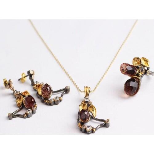 Zultanite Leaf Jewelry Set Gold Plated, Woman Delicate Silver Zultanite Ring+Necklace+Earrings, Handmade Woman Silver