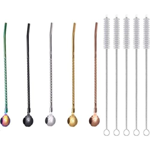 5 Pcs 2 in 1 Stainless Steel Straws Spoon,Reusable Tea Strainer,for Coffee,Tea,Milkshake,Cocktail(with 5 Cleaning Brush)