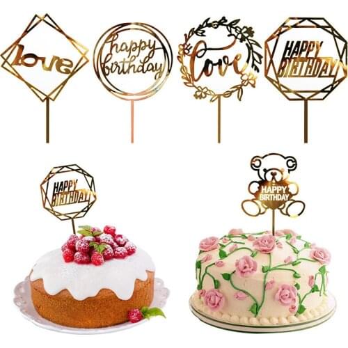 Acrylic Happy Birthday Cake Topper Gold Mirror Wedding Cake Topper Flags For Kids Birthday Party Cake Decorations Baby Shower