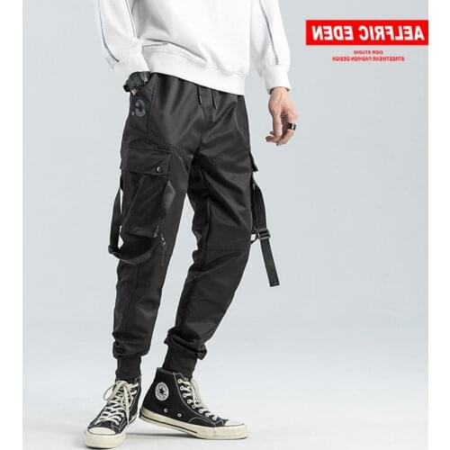 Hip Hop Ribbons Swag Multi Pockets Trousers Men 2021 Streetwear Oversized Loose Casual Harem Male Cargo Pants