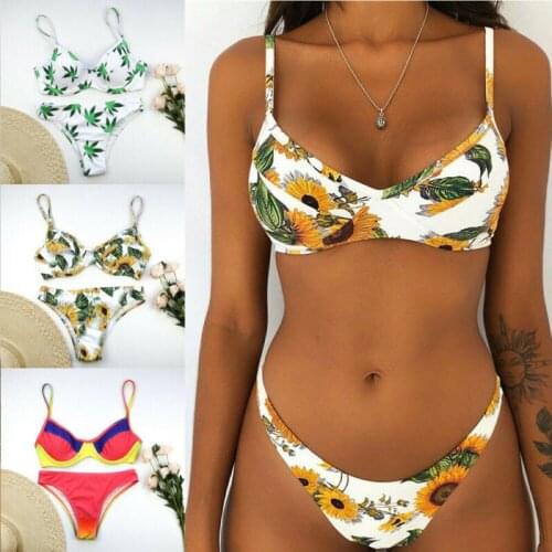 Fashion Sexy Women Print Sunflower Rainbow Leaf Swimsuit Buckle Thong Bikini Set Hot Ladies Padded Push Up Swimwear Beachwear