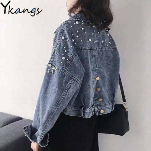 Pearl Decor Autumn Harajuku Designer Short Denim Jacket Korean Women Casual Beads Jeans Jacket Fashion elegant Female Streetwear