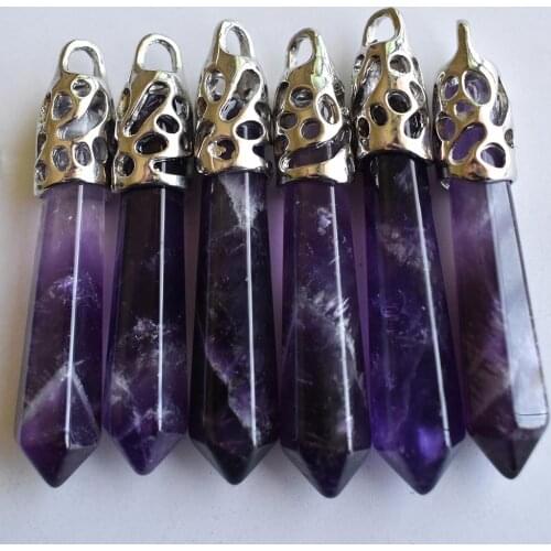 Fashion natural stone amethysts hexagonal pillar charms pendants 12x50mm for necklace making 10pcs/lot wholesale free shipping