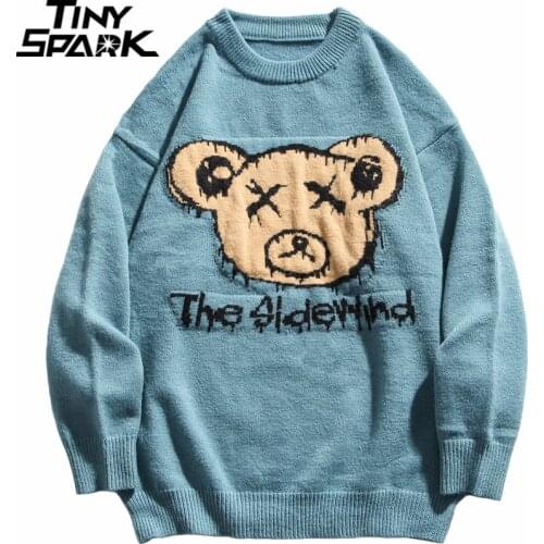 2021 Men Hip Hop Streetwear Knitted Sweater Funny Bear Harajuku Sweater Jumper Casual Pullover Sweater Blue Autumn Spring