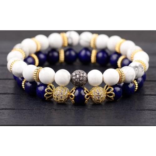 Couple Bracelet Lapis Lzuli Stone Beads Men CZ Ball Bracelets For Women Flower Bangles Pulseira Masculina Bileklik Feminina