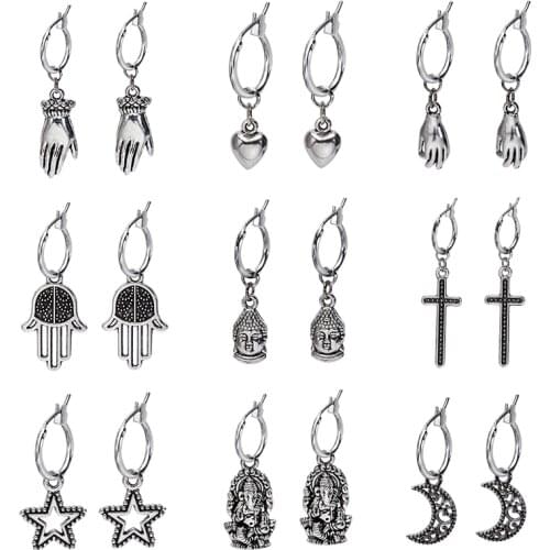 VIVILADY Ethnic Style Women Hoop Earrings Retro Silver Color Buddha Embossed Cross Stars Moon Pendant Female Jewelry New Brincos