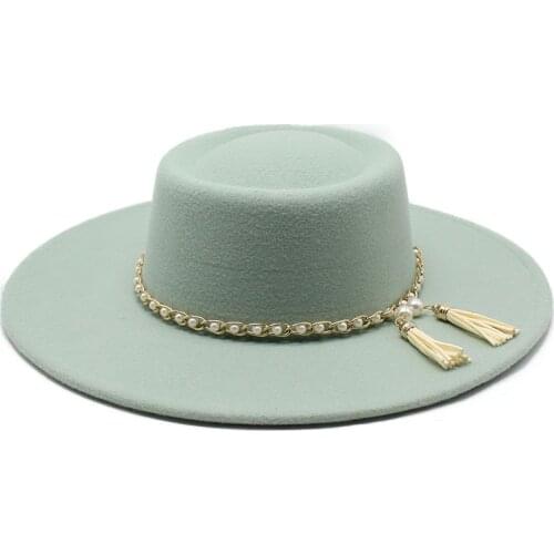 Summer Simple Solid Color Wool Felt Jazz Fedora Hats with Chain Men Women Wide Brim Panama Trilby Cap Autumn winter