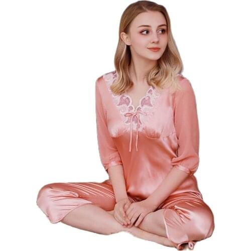 New Fashion Mid-Sleeved Sleepwear Lady Spring and Autumn Clothes Sexy Lace Home Wear Two Sets Women Pajamas Set