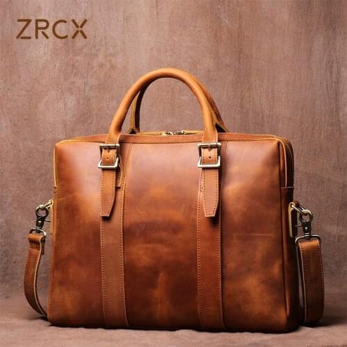 ZRCX Vintage Bags Briefcase Men Shoulder Man Handbag Crazy Horse Genuine Leather Brown Casual Fashion 15.6 Inch Laptop Bag