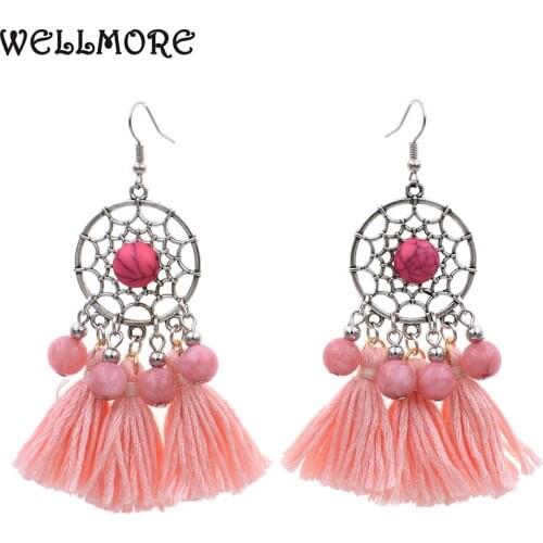 WELLMORE Statement Jewelry stone beads with Tassel earrings dangle drop earrings for women Wholesale