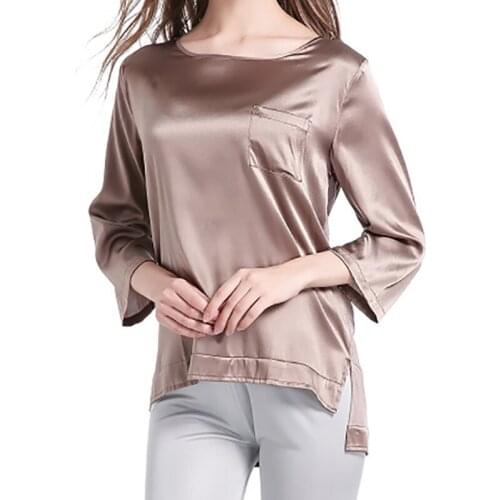 2018 Autumn Nature Silk Seven Point Sleeves Splicing T-shirt bottoming shirt Round neckline Womens Jacket Top