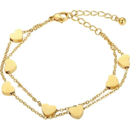 New Beauty And Elegance Double Chain Seven Hearts Gold Color Bracelet For Woman Titanium Steel Bracelet Jewelry Woman Gift