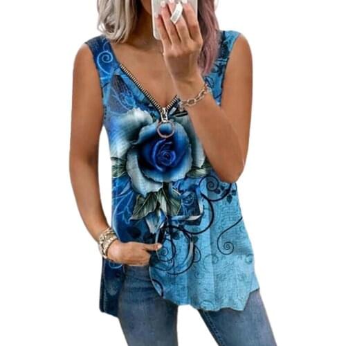 2021 Summer V-neck Zipper Rose Printing Sleeveless Tops Women Casual Loose Tank Top Ladies T-shirt Plus Size Sexy Vest Top