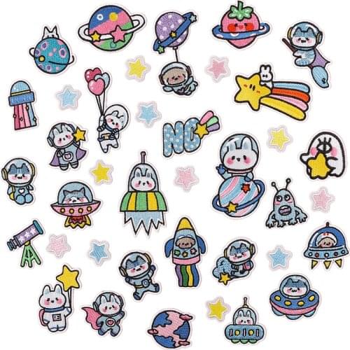 1PCS Cartoon Planet Flying Saucer Rabbit Astronaut Childrens Clothing Embroidery Cloth Stickers Badges Ironing Patch Stickers