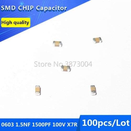 100pcs 0603 1.5NF 1500PF X7R 100V 10% SMD Chip Capacitor